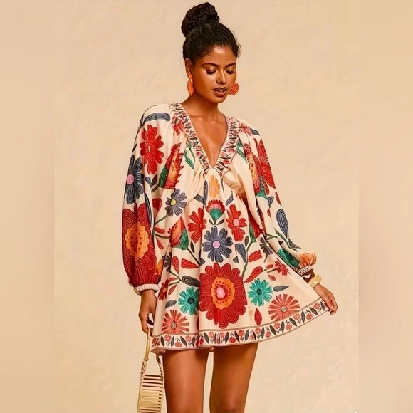 Floral V-Neck Bohemian Floral Print Dress - Picture 3 of 4